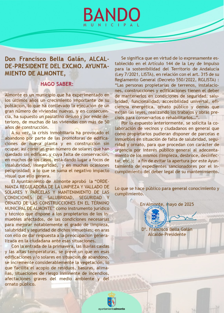 Bando de limpieza en vallado, solares, casas e instalaciones