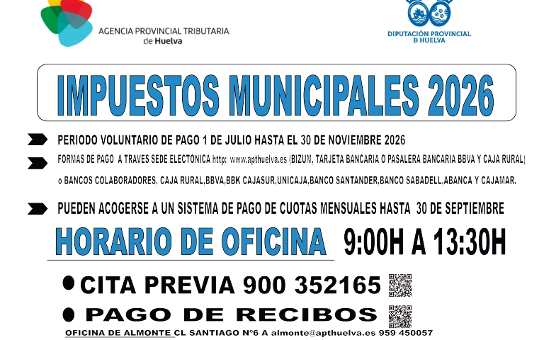 El Ayuntamiento de Almonte informa sobre el periodo voluntario de pago de los impuestos municipales de 2026